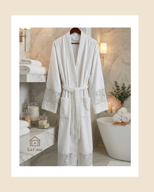 white bathrobe with white lace
