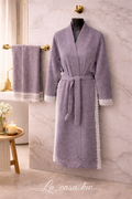 gray bathrobe with white lace
