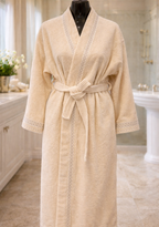 beige bathrobe with gold and beige small lace