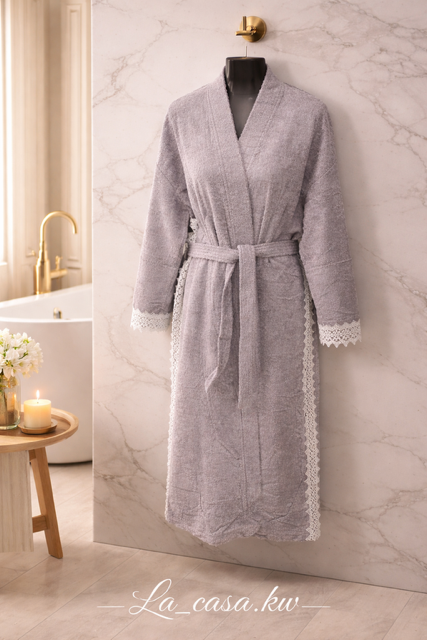 gray bathrobe with white lace
