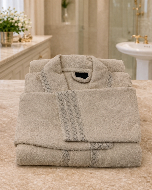beige bathrobe with gold and beige small lace