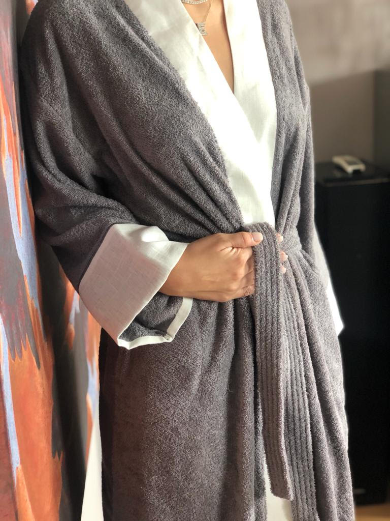 gray coler bathrobe with linen line